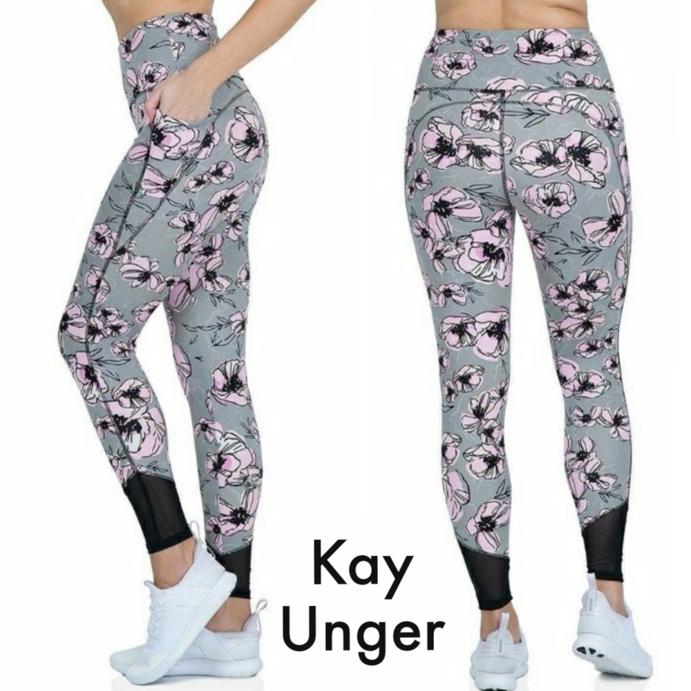 Kay Unger Active ⅞" Full Length Leggings w/ Mesh in Poppy Grey & Pink Floral Md